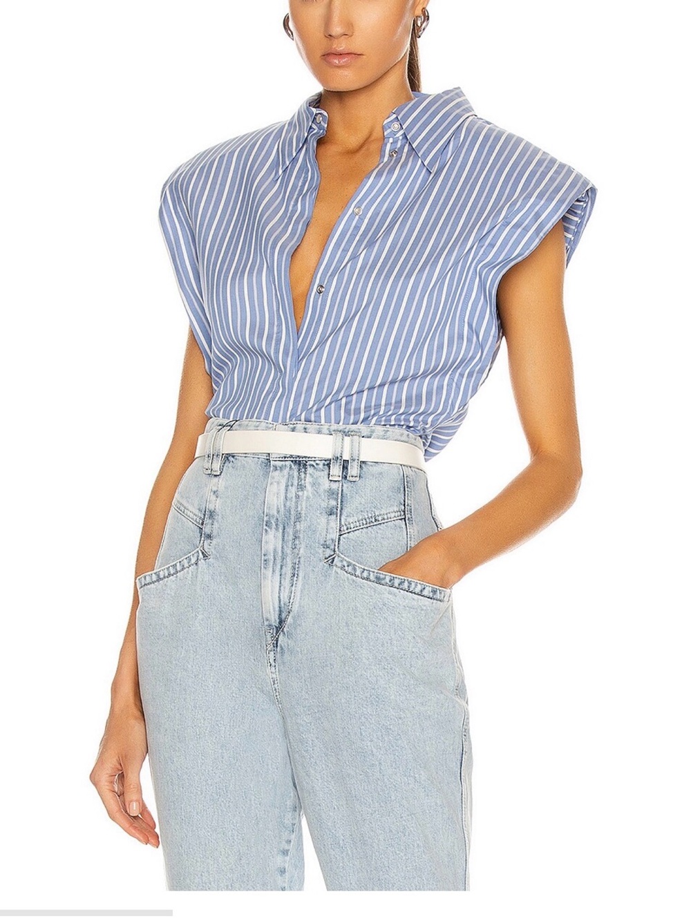 Isabel Marant Blue and White Striped Sleeveless Button-Down Silk Shirt